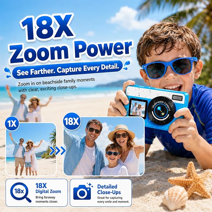 Maxmango D70 Underwater Camera, 10FT Waterproof Digital Camera for Pool & Beach, 4K 48MP Teens Underwater Cam with Dual Screens, Autofocus, 18X Zoom, Floating Camera for Boys Girls Blue(16GB)