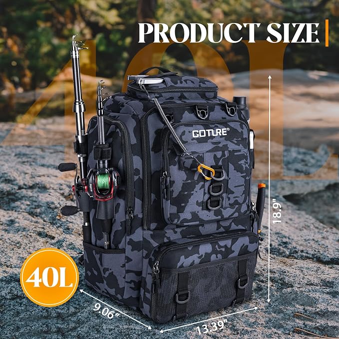 Goture 40L Fishing Tackle Backpack with Cooler and 2 3600 fishing tackle boxes, 900D Water-Resistant Tackle Backpack with Removable Bait Binder, 2 Rod Holders and Rain Cover,Camouflage backpack