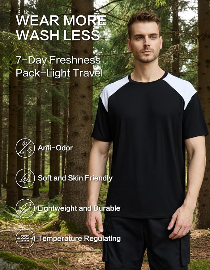 Merino Wool Crewneck T Shirts for Men for Athletic Running Workout, Lightweight Mens Moisture Wicking Shirts