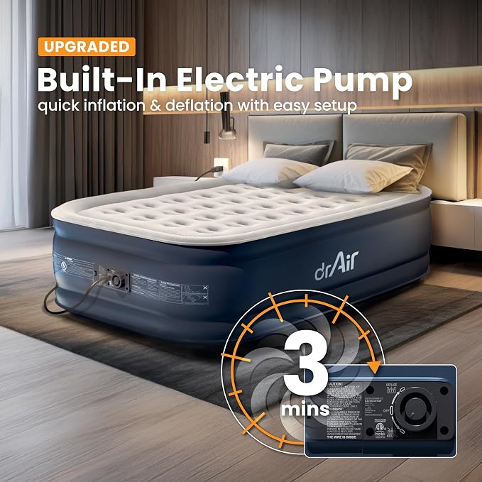 Dr. air Full Air Mattress, 18” Raised Inflatable Bed with Built-in Pump, Waterproof Velvety Top, Ergonomic Design, Reinforced Support, and Carry Bag for Home, Camping, and Guests