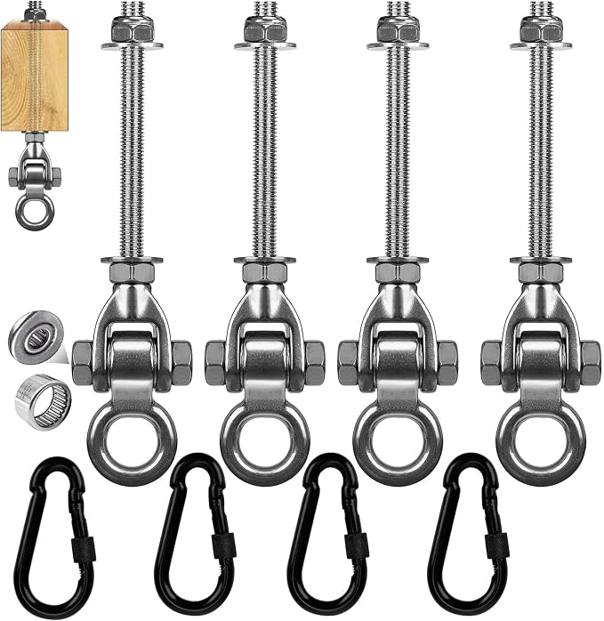 4-Pack Stainless Steel Swing Hangers Kit with 1500 LBS Load Capacity, Silent 180° Swing Heavy Duty Hanging Hardware with Carabiners for Porch Swing, Hammock, Sandbag, Indoor Outdoor Use