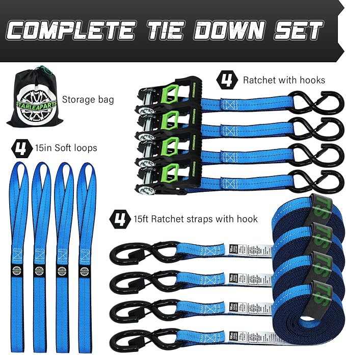 Motorcycle Tie Down Strap (4PK 1.0INX15FT) - 2,100lb Break Strength, Premium Ratchet Tie Down Straps Set, Soft Loop Ratchet Straps for Moving Appliances, Lawn Equipment, Cargo Straps for Trucks