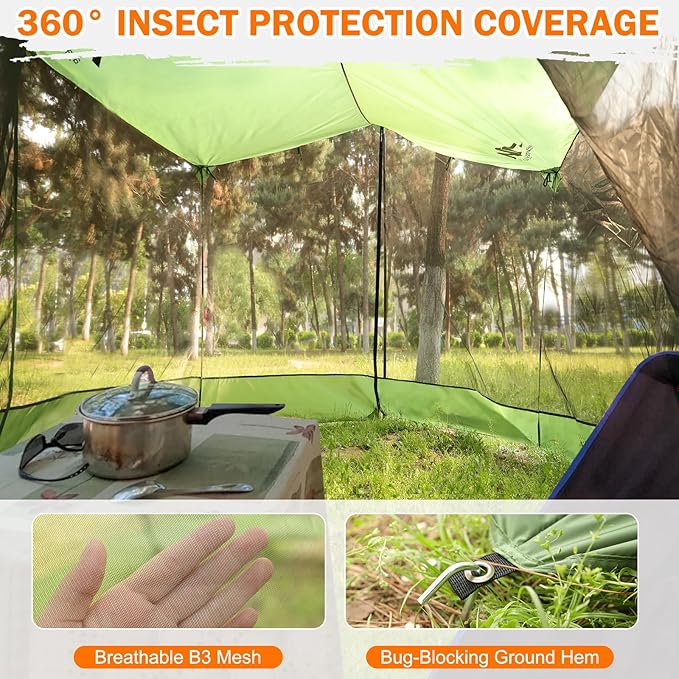Screen House + Poles, 4-Section Heavy Duty Aluminum Telescoping Poles, 18x11 FT Large Camping Tarp with Mosquito Net for Outdoor Picnic