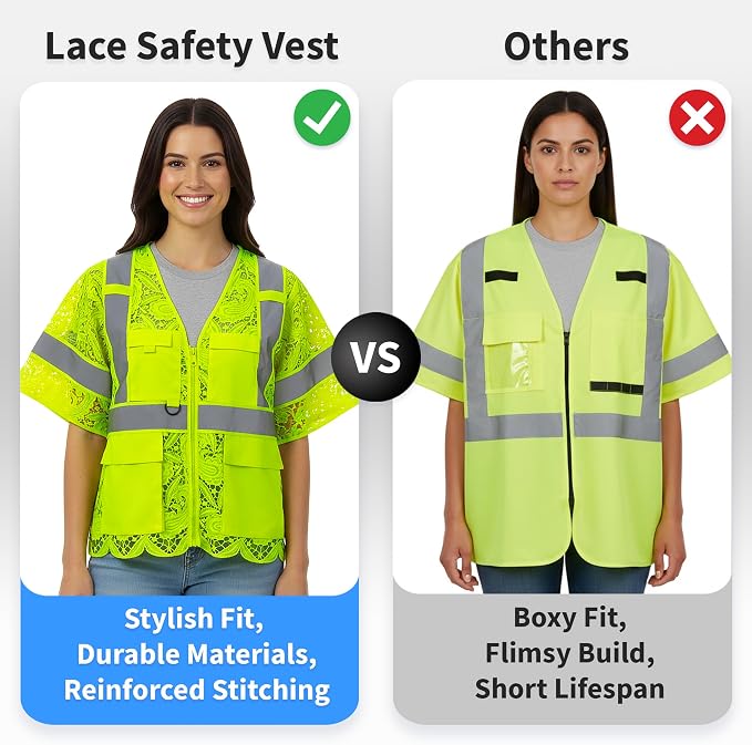 Lace-Mesh Safety Vest for Women & Men - Breathable, High Visibility Vest with Zipper & ANSI Class 2 Reflective Strips