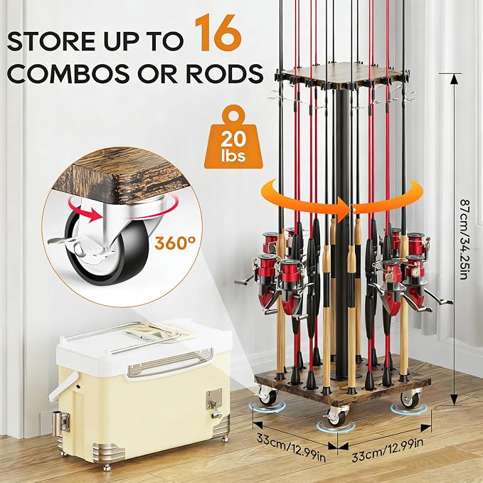 Fishing Rod Holders for Garage 360° Rotating Fishing Pole Rack, Floor Stand Holds up to 16 Poles Fishing Gear Equipment Storage Organizer, Fishing Gifts for Men Women, Brown