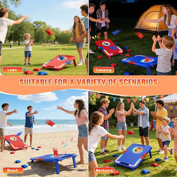 VATOS Portable Cornhole Board Set with LED Lights & Sound Effects, Scoring, Foldable - 2 Boards & 8 Bean Bags for Backyard, Camping, Tailgate Parties, Outdoor Cornhole Games for Kids and Adults Family
