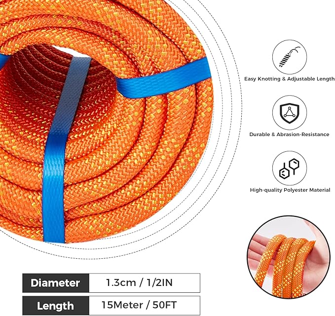1/2 Inch 50ft Double Braided Polyester Arborist Rope, Heavy Duty Nylon Rope for Anchor, Tree Work, Cargo, Pulling, Sailing(Orange)