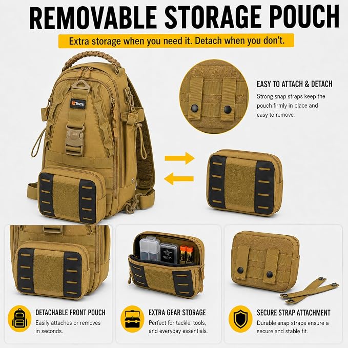 Tovra Fishing Tackle Backpack with Rod Holder & Removable Storage Pouch – Waterproof Sling Bag, Fits Up to 3 3700 Tackle Boxes, MOLLE Fishing Backpack for Rods, Pliers, Water Bottle & Outdoor Gear