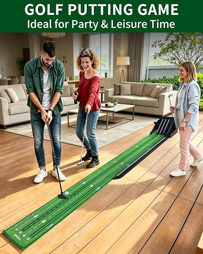 Putting Green Indoor - Practice Uphill Putts, Golf Putting Mat with Auto Ball Return, Golf Training Aid for Home, Office, Backyard, Party Game, Great Gifts for Men Dad