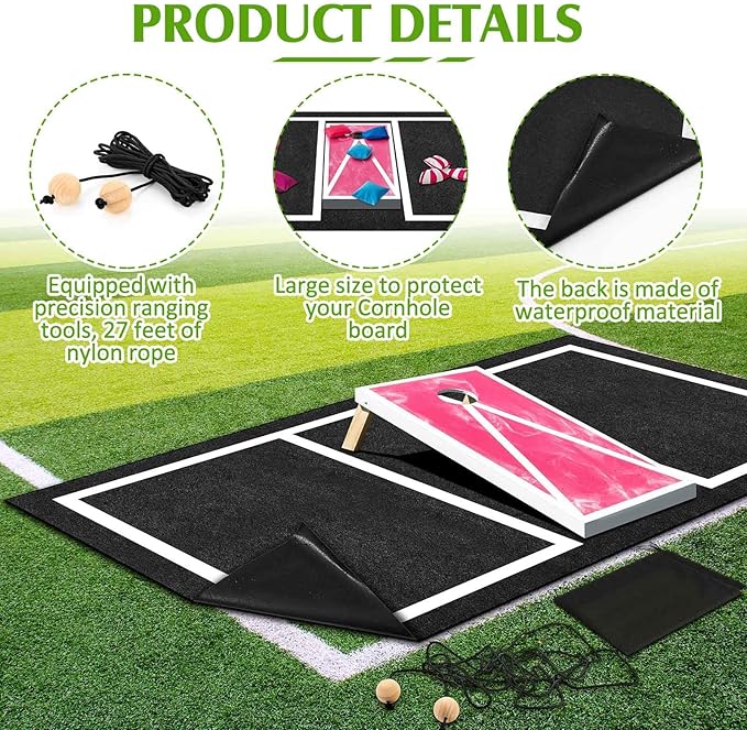 RoundFunny 2 Pcs Cornhole Mats Set 60x96 Professional Cornhole Pitch Pad, Range Finder Tool Set, Non-Slip Board Game Mats for Under Boards Keep Tossing Bags Clean and Secure Footing