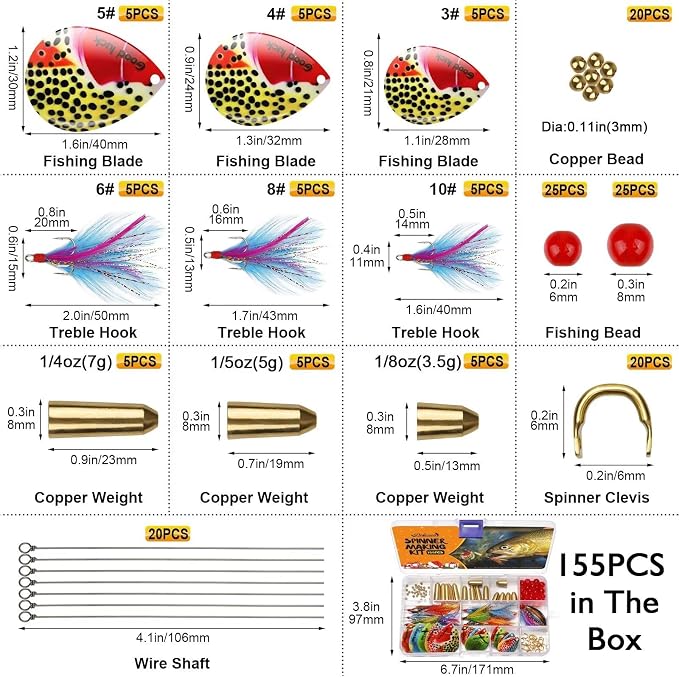 Dovesun Fishing Lure Making Kit DIY Spinner Making Kit, Inline Spinner Baits for Bass Fishing Trout Salmon Freshwater Gift for Men 228pcs/155pcs/107pcs