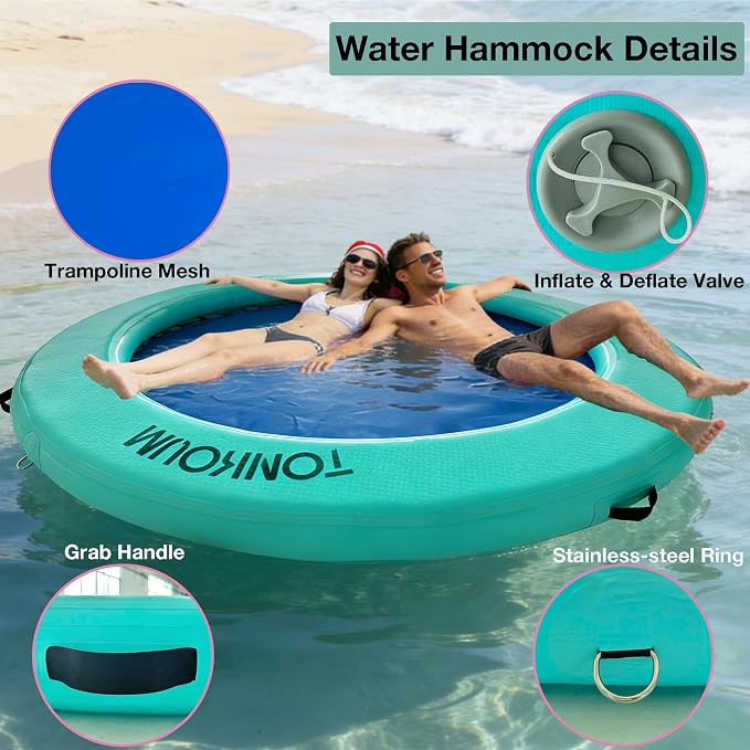 Water Hammock Inflatable Dock, 3.8ft/6ft/8ft Floating Raft Circular Water Island, Float Rings Air Mesh Platform for Lake/River/Swim Pool