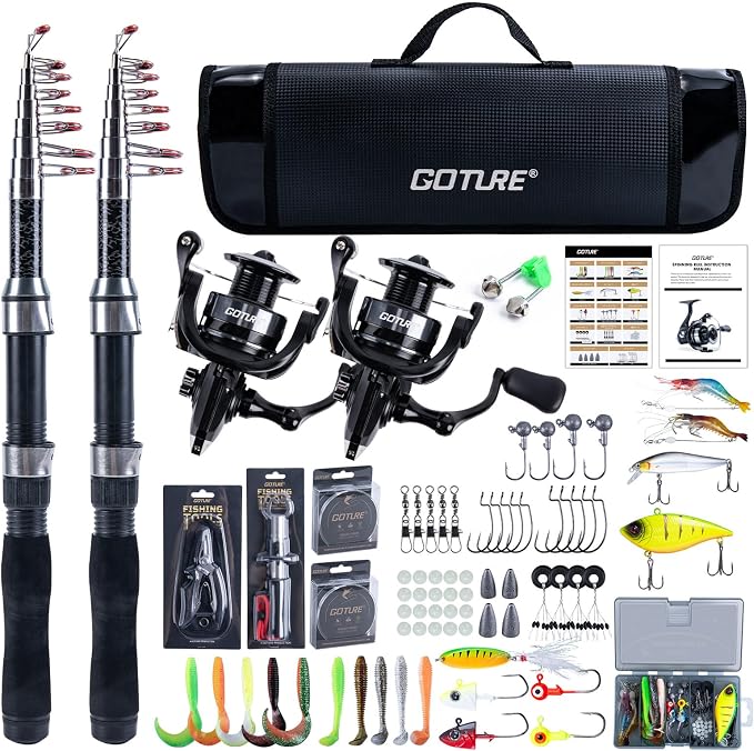 Goture 2-Pack Fishing Rod and Reel Combo with Carrier Bag,1.8M-2.7M | 2PCS Telescopic Fishing Pole,2PCS Spinning Reel,Line,Lures,Pliers,Gripper, for Saltwater and Freshwater Travel,Starter Kit