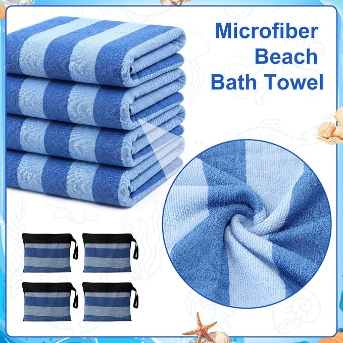 Gilprop 4 Packs Oversized Stripe Beach Towels XL L Microfiber Clearance Pool Towels with Bags Clips Soft Absorbent Quick Dry Camping Swim Towel for Adult Women Men Travel Family (72×36 in,Blue)