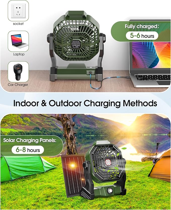 Solar Powered Fan,【Max 40H Runtime】Rechargeable Solar Camping Fans & Led Lantern,8-inch Portable Fan with Solar Panel,Battery Operated Powered Outdoor Tent Fans for Camping Essentials Accessories