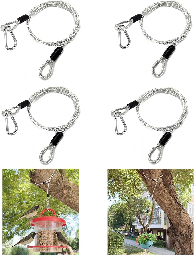 4 Pcs 40 Inch Premium Metal Planter Hangers，Bird Feeder Cable for Tree with Carabiner Clip，Bird House Hanging Hook and Chain Wire for Bird Feeders and Birdhouses，Baths，Baskets，Suet，Outdoor Camping