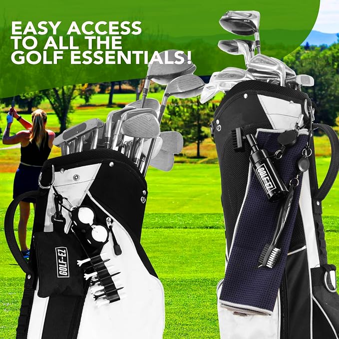 Golf Essentials Kit | Must-Have Accessories – Water Brush, Towel, Club Brush, Ball Marker, Divot Repair Tool, Ball & Tee Holder, Golf Gifts for Men & Women