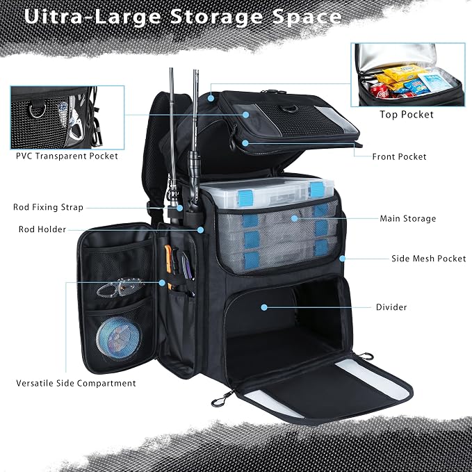 Fishing Backpack with 4 Tackle Boxes, 55L Large Tackle Box Backpack with 4 Rod Holders, Waterproof 900D Tackle Backpacks with Cooler & Clear Gear Windows, Fishing Gifts for Men Women, Black