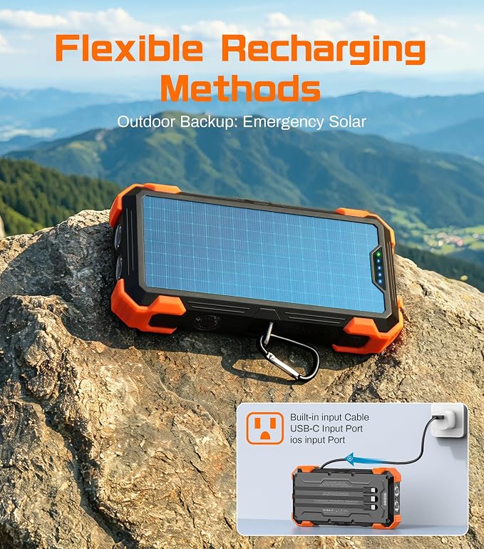GOODaaa Solar Power Bank 24000mAh, Portable Charger with 4 Built-in Cables, 15W Fast Charging 5 Outputs 2 Inputs Battery Pack, Thermometer & SOS Flashlight for iPhone 17/16, Samsung, All Cell Phones