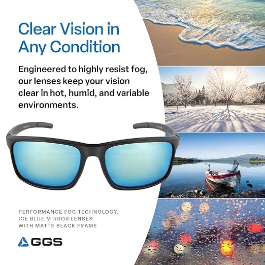 Bullhead Safety Eyewear Crevalle Glasses - Anti-Fog, Lightweight, Impact/Scratch Resistant, Polarized Sunglasses for Biking, Fishing, Driving, Ice Blue Mirror/Matte Black