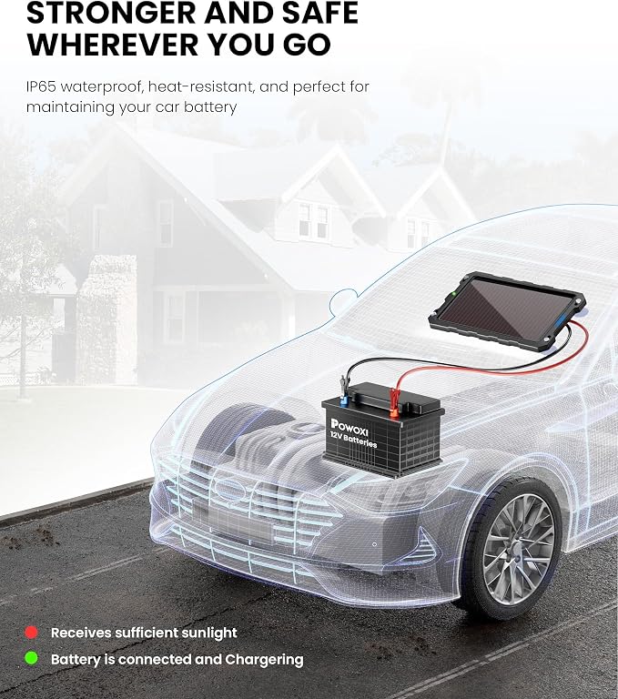 POWOXI 3.3W-Solar-Battery-Trickle-Charger-Maintainer -12V Portable Waterproof Solar Panel Trickle Charging Kit for Car, Automotive, Motorcycle, Boat, Marine, RV, Trailer, Powersports, Snowmobile, etc.