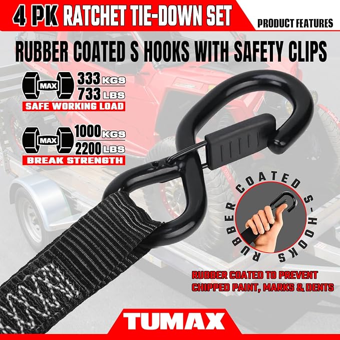4Pcs Ratchet Tie Down Straps for 2200lb Break Strength, 1” x 15FT Tie Down Straps with Soft Loop & Safety S Hook - Cargo Strap Tie Down for Trucks, Motorcycle, Moving, Appliances, Black