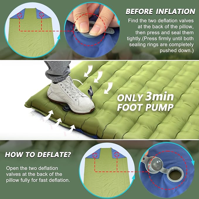 Double Sleeping Pad for Camping - 5.5" Ultra-Thick Camping Mattress with Pillow, Built-in Foot Pump, Compact 2-Person Portable Camping Mat for Backpacking, Hiking, Car Traveling, Beach, Tent