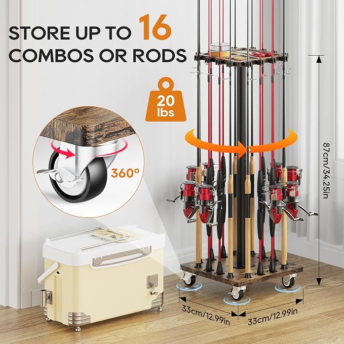 Fishing Rod Rack for 16 Poles - 360° Rotating Base, Easy to Install & Durable Wooden Pole Holders for Garage, Fishing Rod Equipment Organizer Storage Stand for Ground, Fishing Gifts for Men, Brown