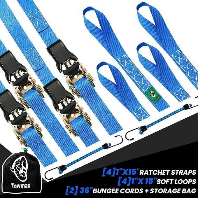 Ratchet Straps Medium Duty 4 Pack -1 Inch x 15 Feet (1,823LB Break Strength)- Motorcycle Tie Down Straps -Soft Loops with Bungee Cords- Ratchet Tie Down Set for Powersports, Motorcycle or Moving Cargo