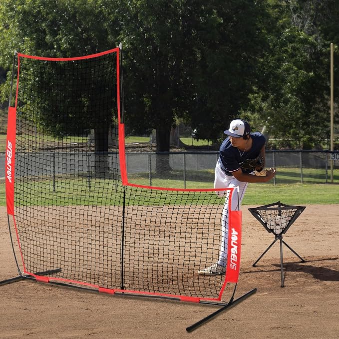 Baseball & Softball Portable Practice Batting Screen, 7-FT I-Screen or L-Screen Pitching Net for Pitcher Protection with Carry Bag and Ground Stakes