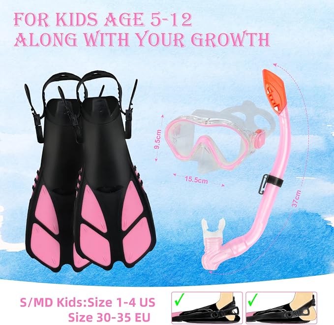 Kids Snorkeling Set - Adjustable Flippers + Panoramic Snorkel Mask + Dry Snorkel Tube + Travel Bags - Suitable for Kids & Juniors, Age 5-14