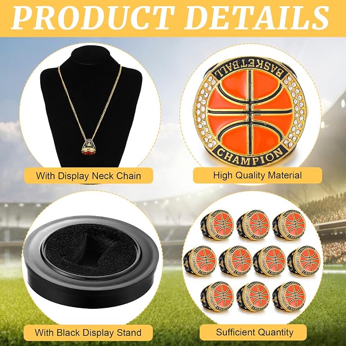 Highergo 10 Pcs Basketball Softball Baseball MVP Dancer Champion Trophy Ring with Display Stand Star Football Soccer Volleyball Golf Cheerleading Bowling Track Field