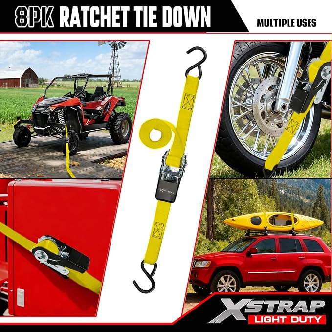 XSTRAP STANDARD 8-Pack Ratchet Tie Down Straps, 1" x 10ft, 900lb Break Strength Heavy Duty Straps for Motorcycles, ATVs, Lawn Equipment, Appliances & Truck Cargo - Yellow
