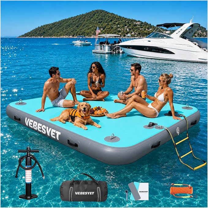 Inflatable Dock with Water Ramp, 6 inch Thick Non-Slip Inflatable Floating Dock for Dogs & Adults, Durable Drop-Stitch Floating Dock Platform for Lake, Ocean, Swimming & Fishing
