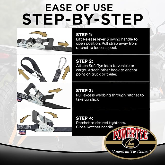PowerTye 1.5in x 6.5ft Heavy Duty Ratchet Tie-Down Straps with Soft-Tye and Carabiner Hooks - 1,000 lb Working Load Limit / 3,000 lb Breaking Strength - Made in USA - Black/Black Pair