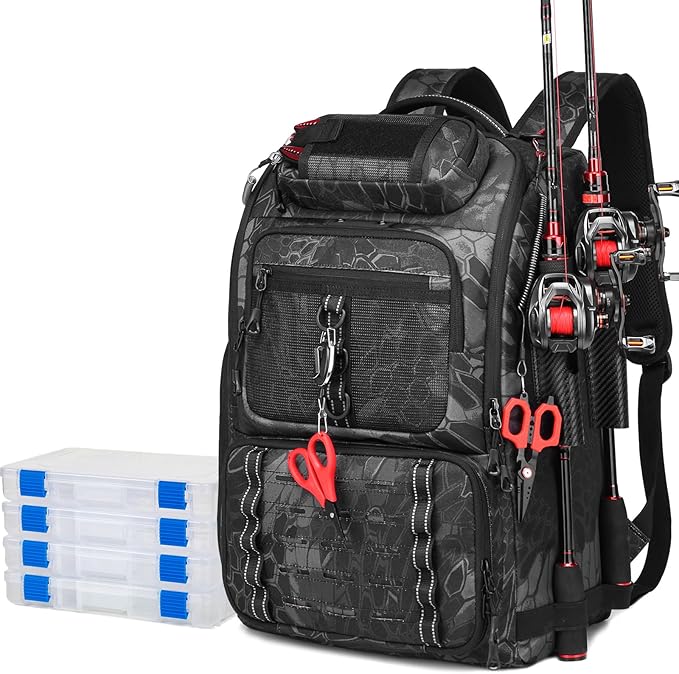 Fishing Tackle Backpack,Tackle Bag with 2 Rod Holders & 4 Tackle Boxes, Water-Resistant Large Storage Fishing Gear and Equipment, Fisher Gifts for Men, Black Camo