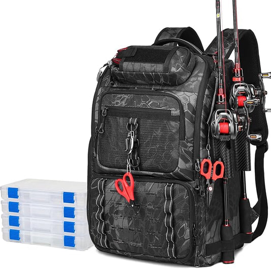 Fishing Tackle Backpack,Tackle Bag with 2 Rod Holders & 4 Tackle Boxes, Water-Resistant Large Storage Fishing Gear and Equipment, Fisher Gifts for Men, Black Camo