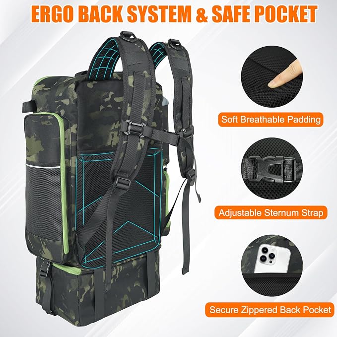 AYAMAYA Fishing Backpack with Cooler, 45L Tackle Backpack with Rod Holders & Insulated Lunch Bag, Large Outdoor Fishing Bag for 4 Tackle Boxes & Gears