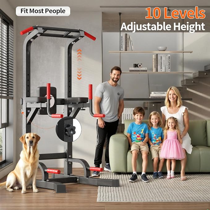 SogesHome Power Tower Pull Up Bar Dip Stand, 10 Adjustable Height Free Standing Assistive Trainer Dip Station, Multi-Function Strength Training Fitness Workout Station for Home Gym Fitness Equipment