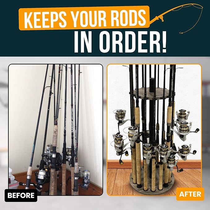 Rush Creek Creations | Round Fishing Rod Holder for 16 Freshwater Fishing Poles, Fishing Gear, and Fishing Accessories | Fishing Rod Rack with 16 Fishing Rod Clips for Garage Organization