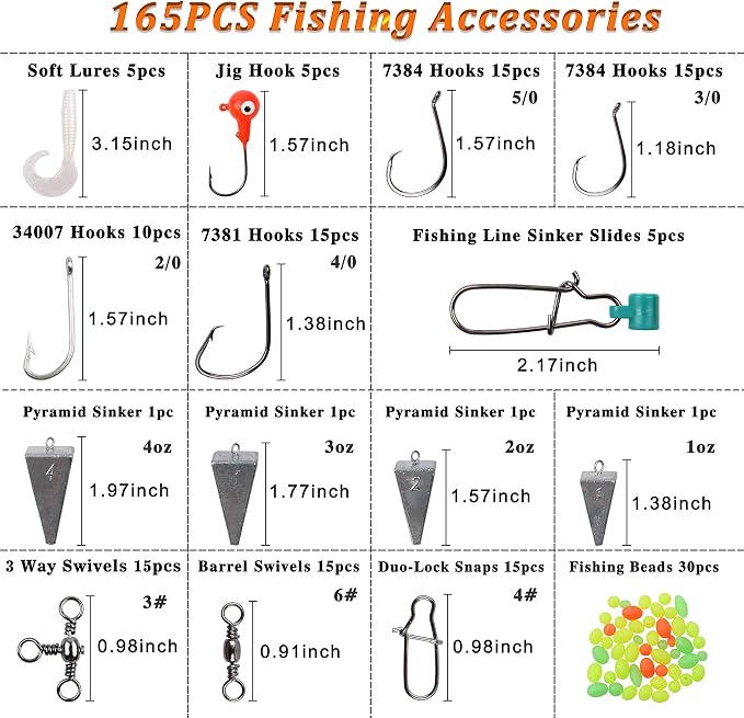 Saltwater Fishing Tackle Kit with Tackle Box Includes Surf Fishing Leader Rigs, Swimbait Lures, Hook Swivels, Fish Finder Rig, Sinker Weights, Fishing Gear and Equipment, Gift for Men