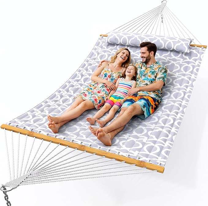 Everyfun Double Hammock with Spreader Bar,Soft Pillow,Max Load 500lbs,Portable Hammock for Outdoor,Camping,and Backyard,Mist Gray