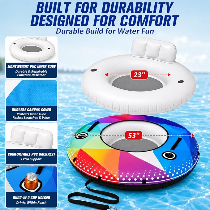 ZEALFEEL River Tube, 53'' River Float Tube with Premium Canvas Cover, Comfortable Backrest, 2 Built-in Cup Holders, Tow Strap & Handles, Inflatable PVC Water Inner Tubes for Adults Lake Pool Floating