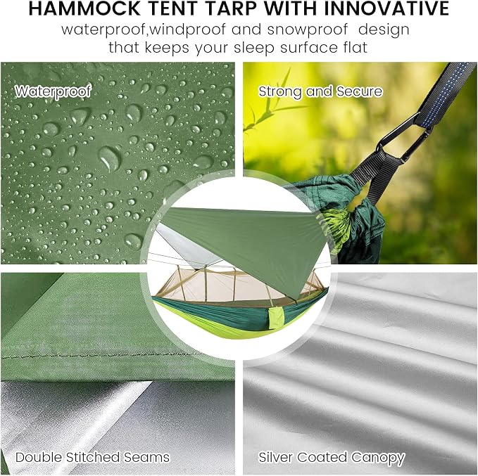 Camping Hammock with Mosquito Net & Rain Fly Tent Tarp & Tree Straps Portable Strong Nylon Hammock Parachute Tent w/Storage Bag for Camping Hiking Backyard Outdoor Backpacking Travel