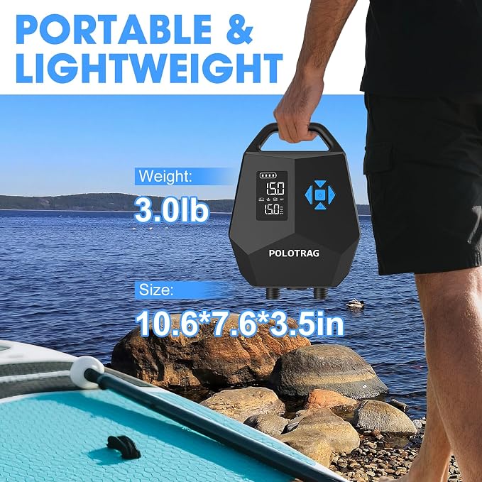 Polotrag Paddle Board Pump, SUP Pump Electric Portable with Auto-Off/Deflation, Dual Stage 12V DC Car Connector Air Pump for Inflatables, Kayak and Air Mattress