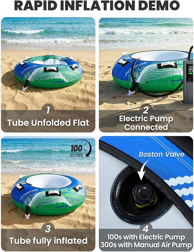 Zeraty Towable Tube for Boating 1-2 Riders, Heavy Duty Inflatable PVC Water Tube with 420D Nylon Cover & Reinforced Handles, Stable Deck Tube for Lake Ocean River, Towable for Water Sports Kids Adults