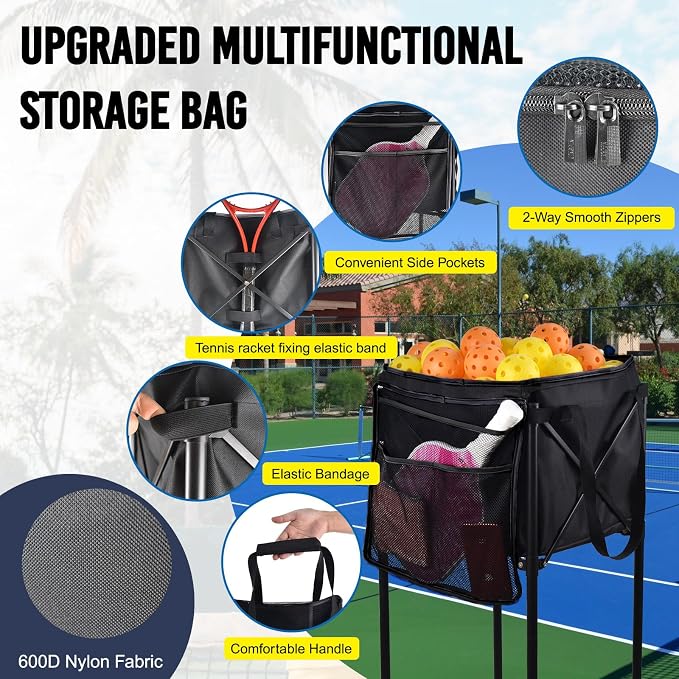 Pickleball & Tennis Ball Hopper, Sports Balls Teaching Cart, Portable Lightweight Softball Caddy, Large Capacity Baseball Basket Carrier for Training