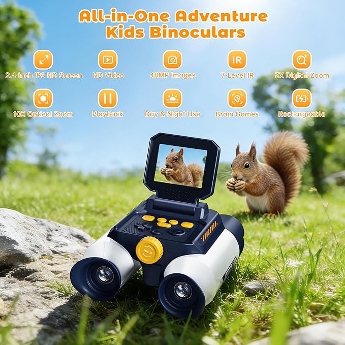 Binoculars for Kids with Night Vision - 48MP FHD Digital Camera Binoculars STEM Toy with 2.4" IPS Screen, 10X Optical Zoom, Rechargeable for 4-12 Years Boys & Girls Birthday Gift Outdoor Bird Watching