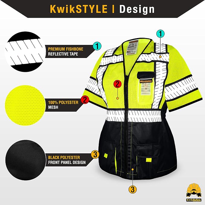 KwikSafety - Charlotte, NC - SPECIALIST Class 3 Safety Vest for Women [REFLECTIVE FISHBONE TAPE] ANSI Tested OSHA Compliant Hi Vis PPE Work Gear/Black XL