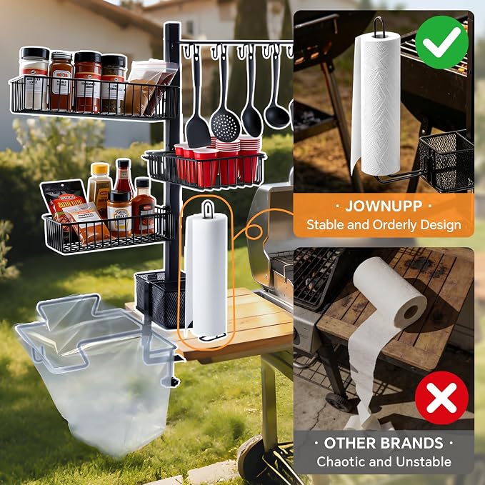 Griddle Caddy for Blackstone, 8-in-1 Outdoor Grill Organizer | Cup Holder, 2 Condiment Baskets, Garbage Bag & Paper Towel Holders, Hook Shelf & Pedestal Poles, For Camping BBQ RV Patio